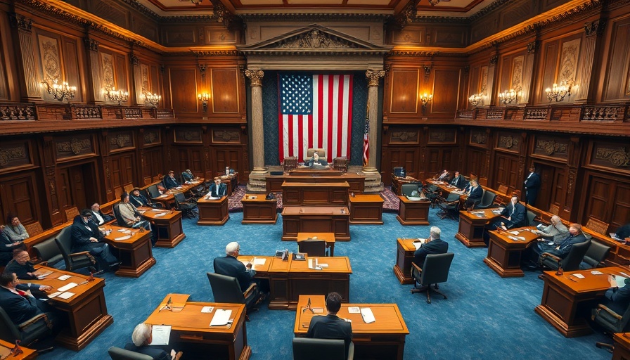 Government chamber scene with attendees and intricate details.