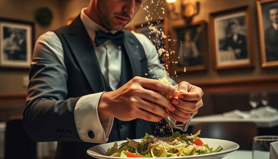Server preparing Caesar salad in historic restaurant setting