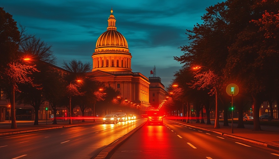 Vibrant orange cityscape highlighting a historic domed building and traffic.