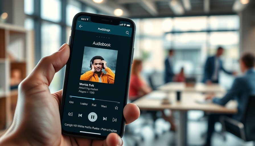 Hand holding smartphone with audiobook app in a bright office, listen to a book during lunch.