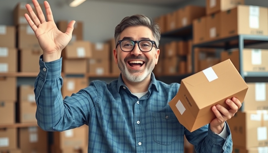 Middle-aged man highlights sales mindset strategies with enthusiasm, boxes in hand.