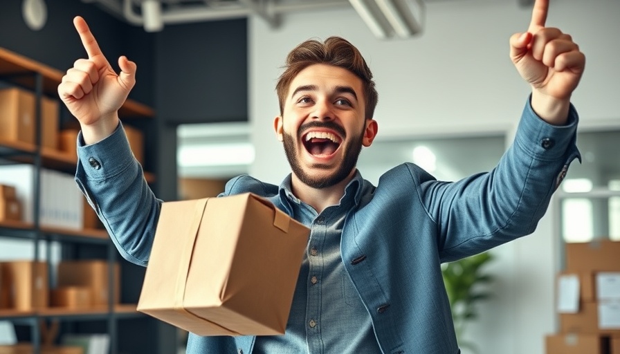 Motivated man in office with packages celebrating sales success.
