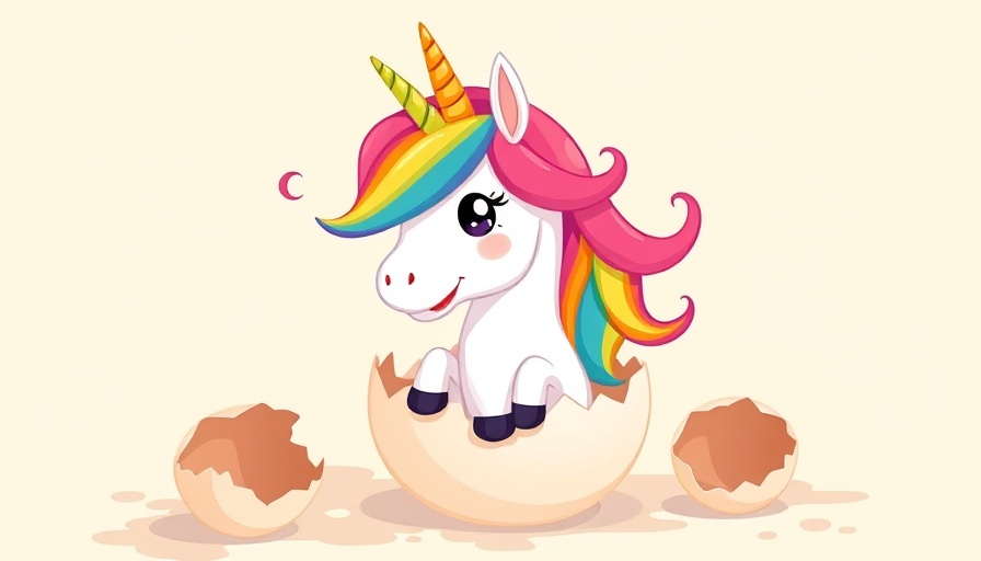 Cartoon unicorn hatching from egg, symbolizing new tech unicorns 2025.
