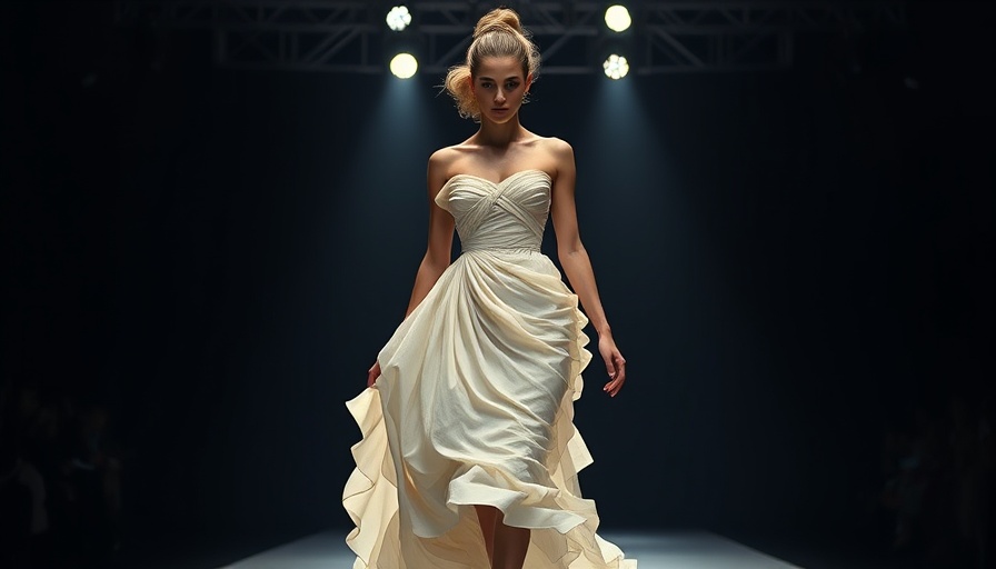 Avant-garde model in spiral dress showcasing sustainable fashion innovation.