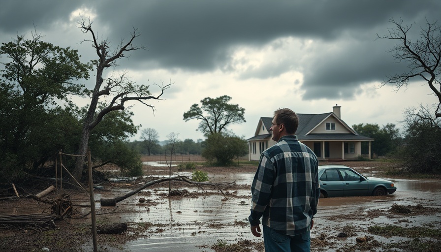 Texas countryside flood damage with debris and flooding risks