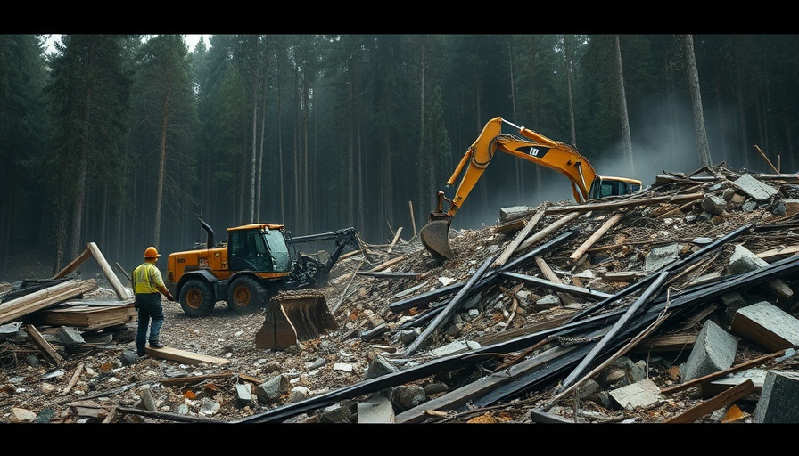 Workers clear disaster debris in forest with machinery.