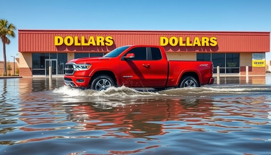 Red truck driving through flooded street, Austin.