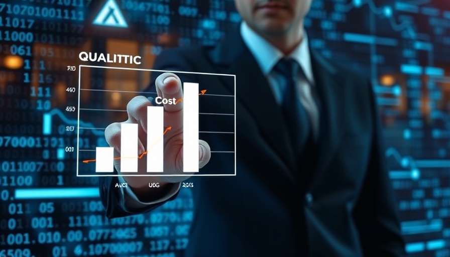 Futuristic business data interface with graphs for optimizing business costs and quality.
