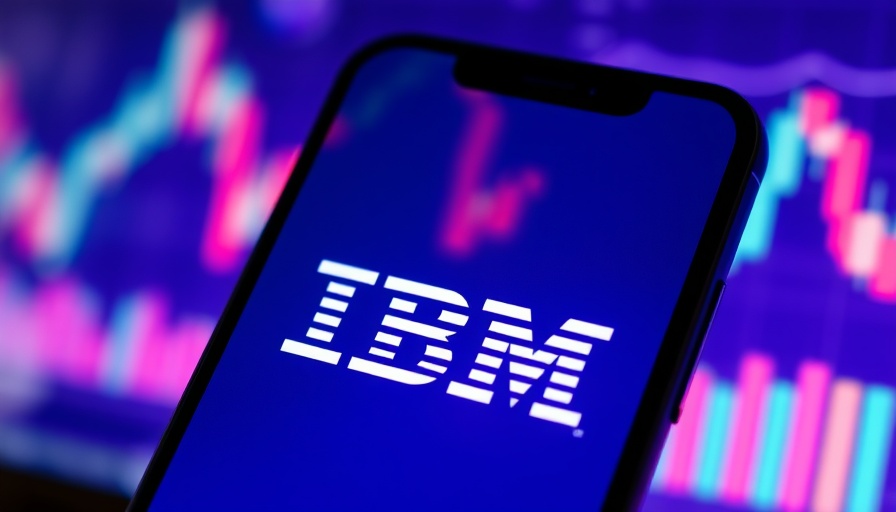 Smartphone with IBM logo, stock market chart background, IBM stock.