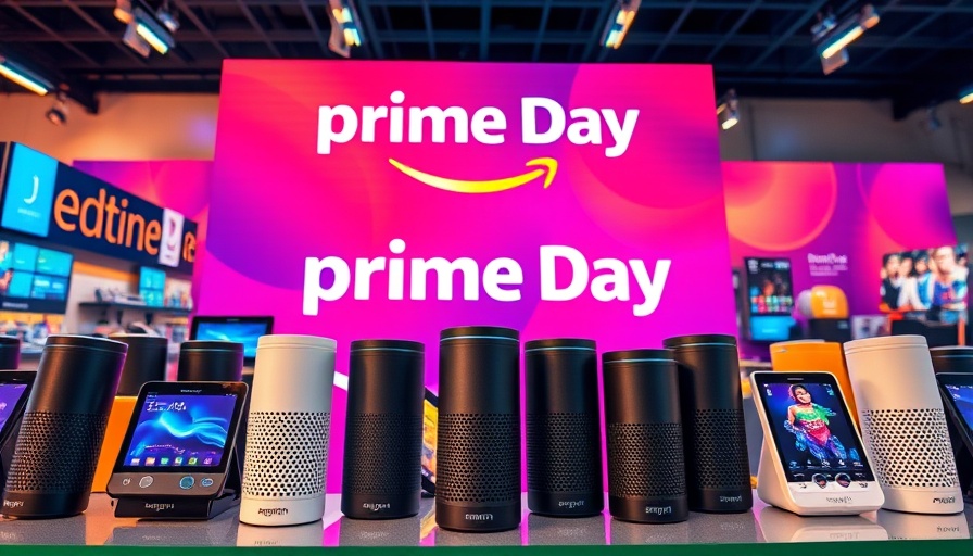 Array of Amazon Echo devices in Prime Day setting with digital background.
