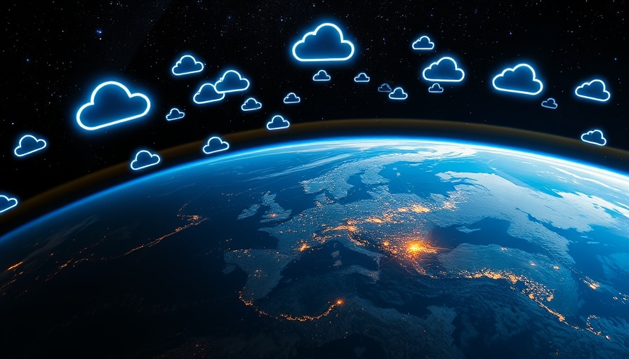 Futuristic Earth from space with digital cloud icons, location-aware hosting theme.