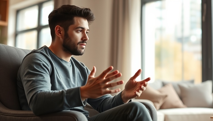 Young man discussing and gesturing in a calm indoor setting.