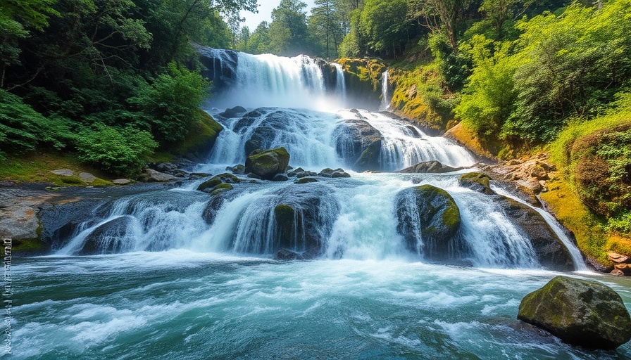Cascading waterfall in lush forest, safety tips setting.