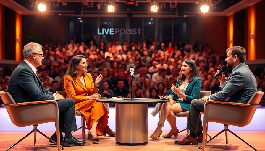 Panel discussion on stage at a live podcast event with large audience.