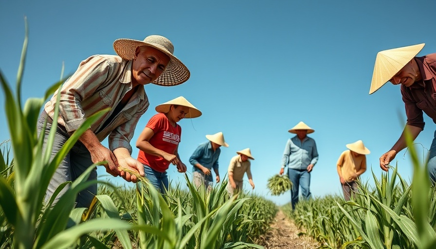 Farmworkers harvesting crops under clear sky, illustrating NOAA budget cuts impact on agriculture.