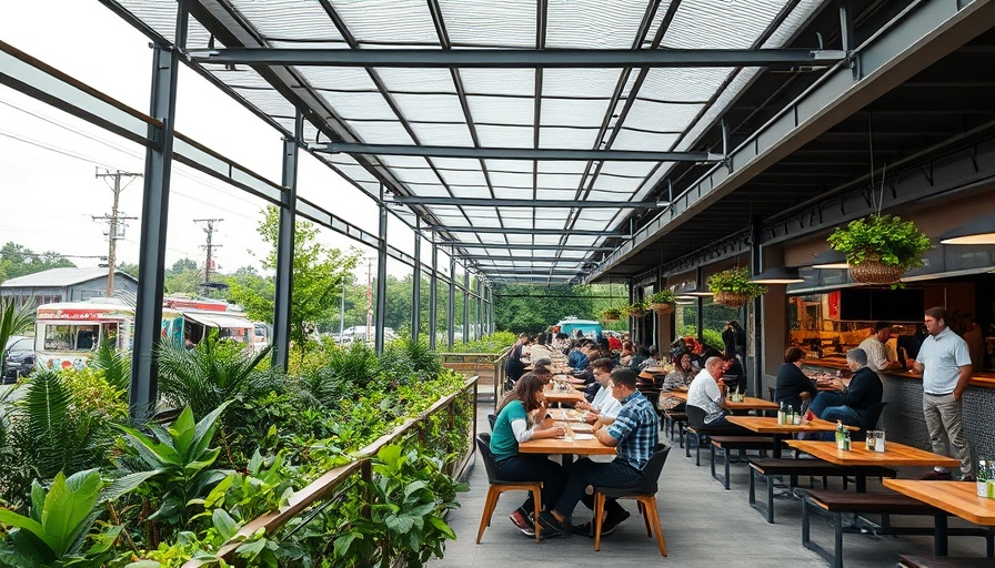 Govalle Cultural District open-air patio with modern design and diners.