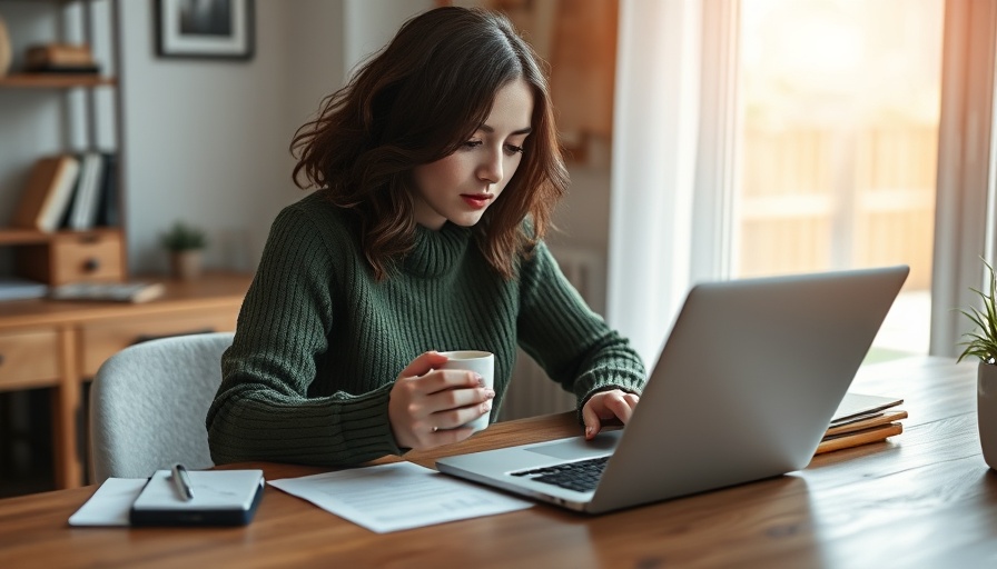 Woman checking emails on laptop, cozy workspace setting