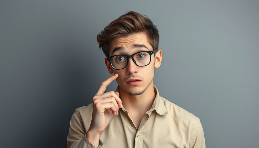 Curious young man thinking, wearing glasses and a beige shirt.