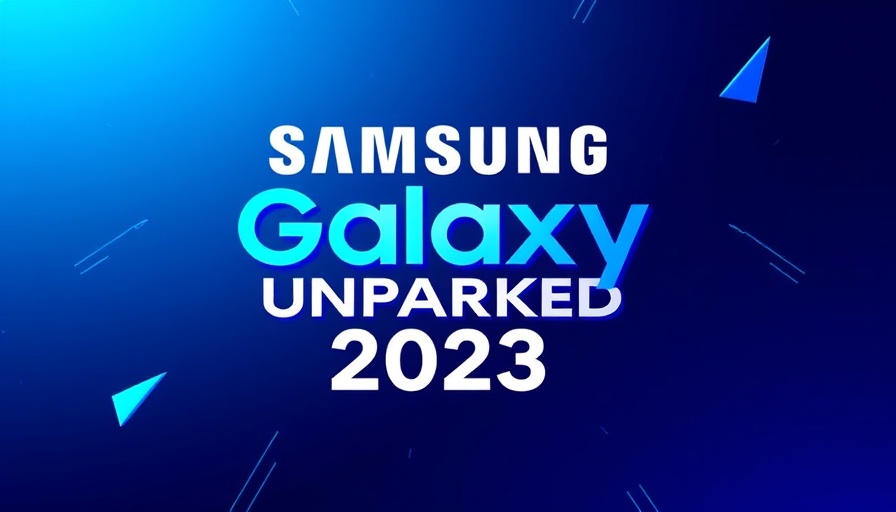 Samsung Unpacked 2023 foldable technology event graphic with bold design, blue tones.