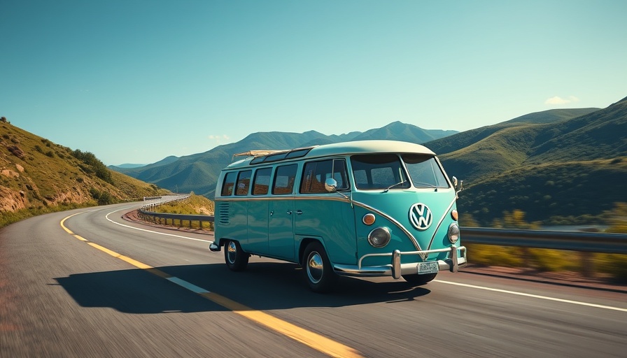 Vintage Volkswagen electric bus on scenic highway, vibrant colors.