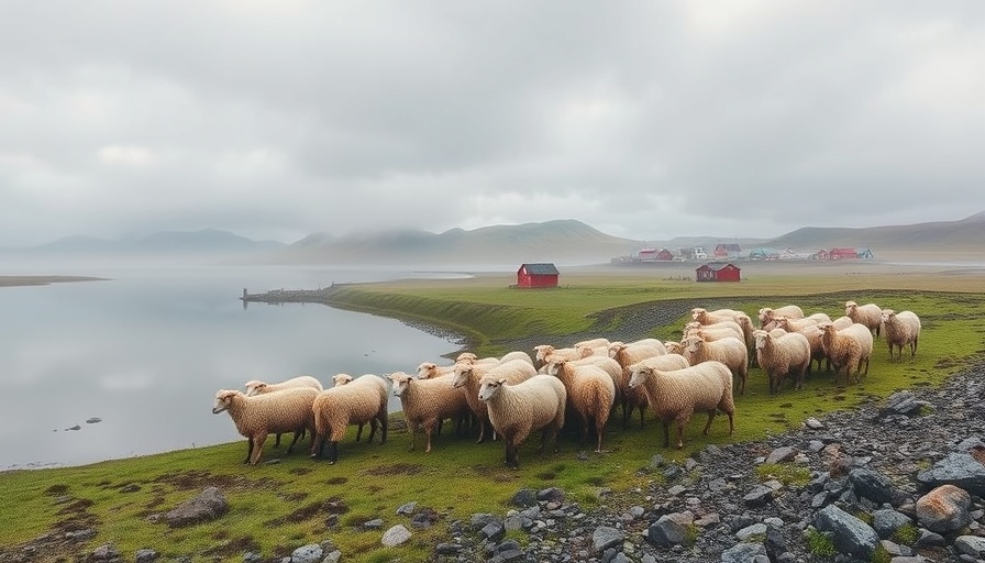 Sheep grazing near lake at South Greenland sheep farm; misty morning.