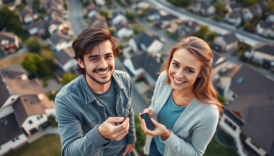 Young couple receiving keys with suburban neighborhood, current mortgage rates trends.
