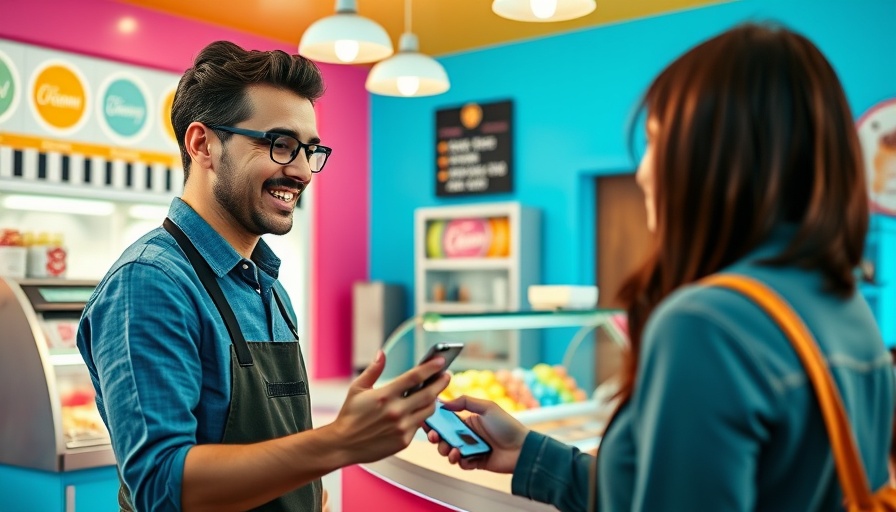 Smiling employee serving customer in bright ice cream shop.