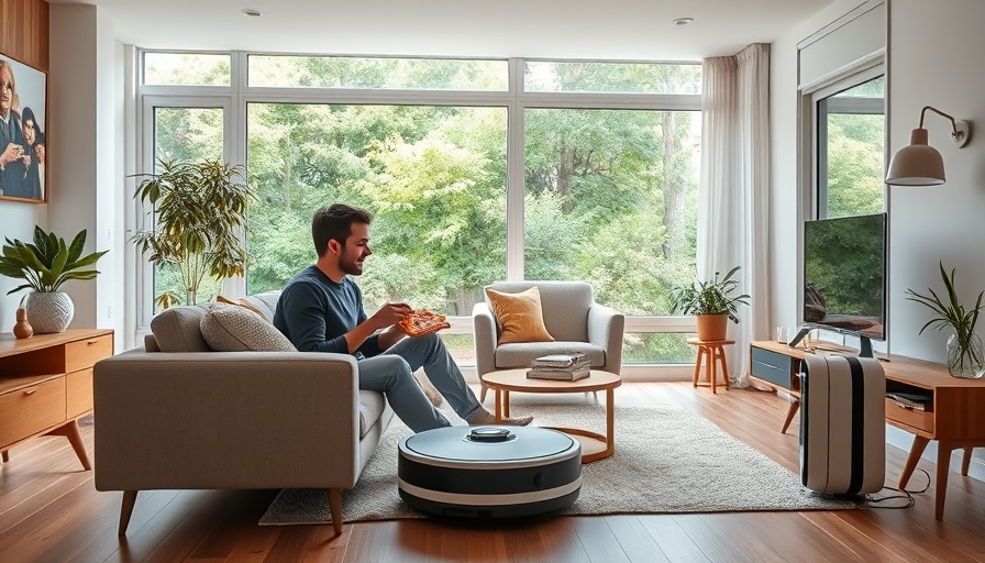 Modern living room with Roborock vacuum on Prime Day.
