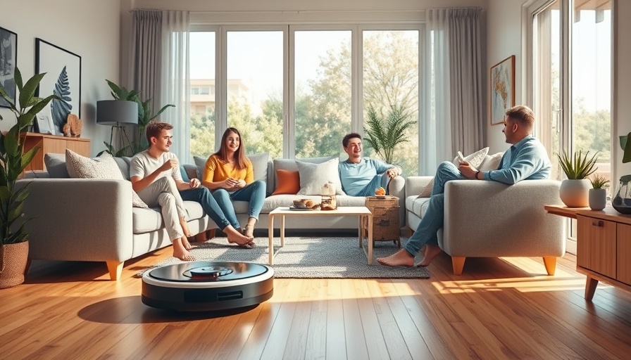Modern living room with Roborock Q Series cleaning as young adults relax