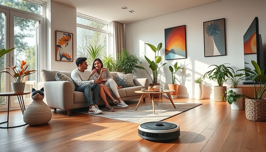 Roborock Qrevo cleaning in a cozy modern living room with a couple.