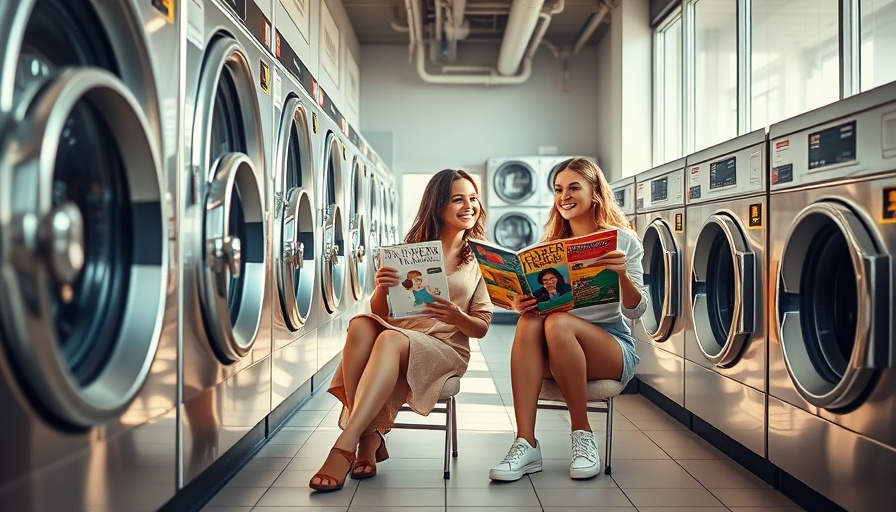 Two women relaxing in a reliable laundromat, reading magazines.