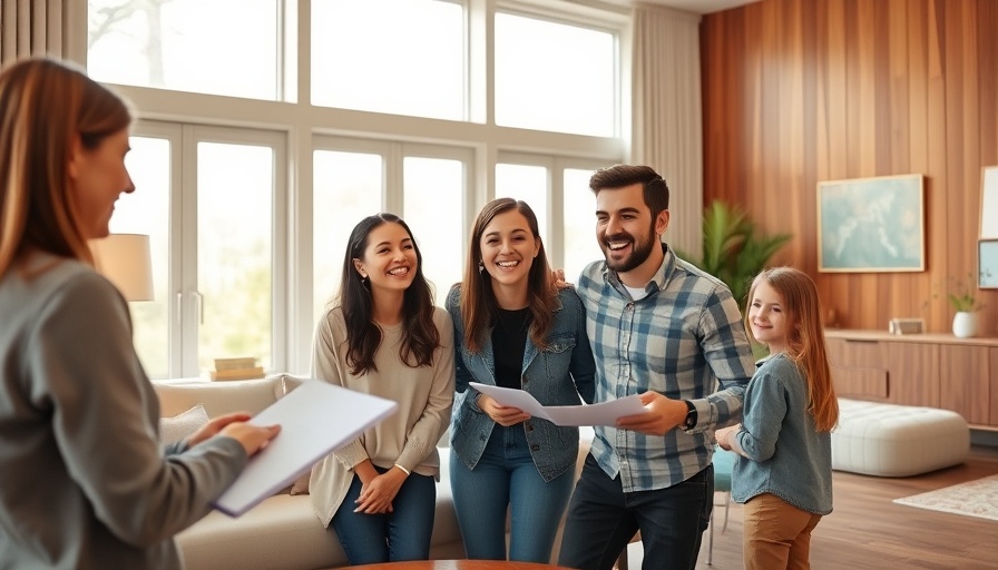 Family meeting realtor in modern living room, discussing contingent offers.