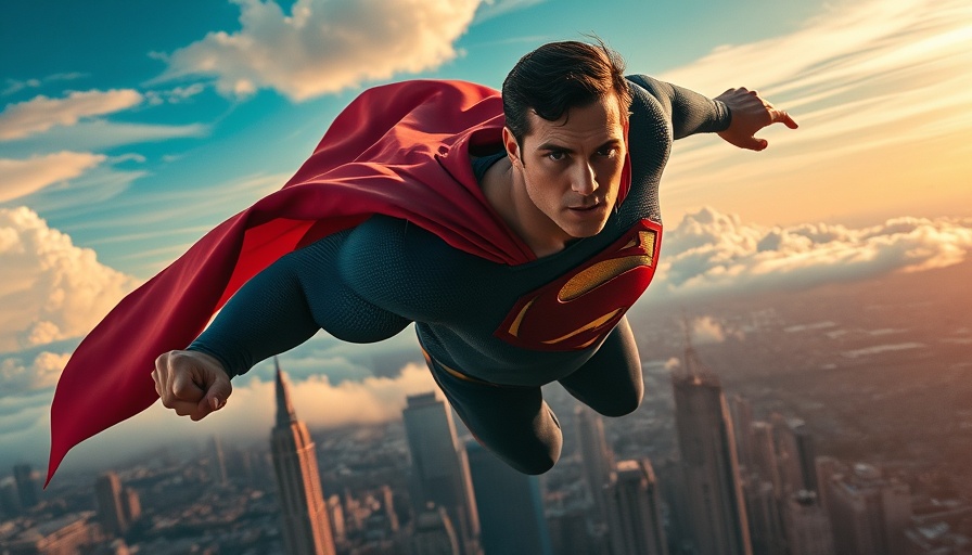 Superman saving DC Studios, hero soaring in cityscape, vivid colors.