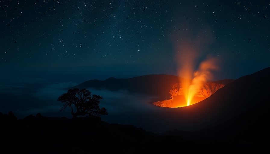 Glowing volcanic crater in U.S. national park at night.
