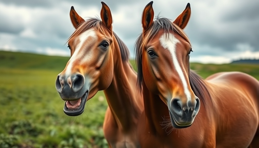 Two horses in a field with expressive faces, perfect for meme marketing.