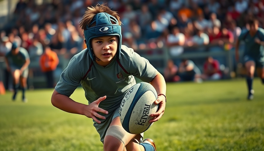 Rugby player wearing headgear to prevent concussion runs on field.