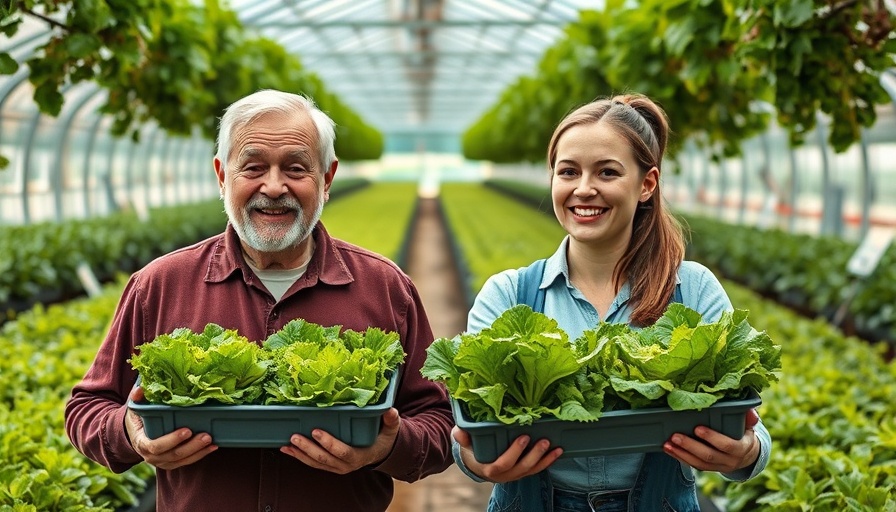 Navigating Family Business Challenges: Smiling duo in greenhouse holding lettuce trays