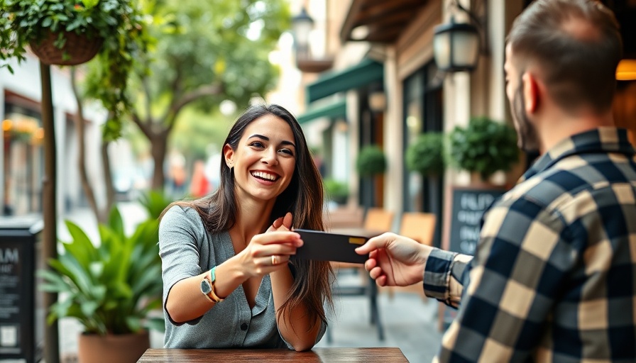 Young woman uses Delta Amex credit at outdoor cafe.