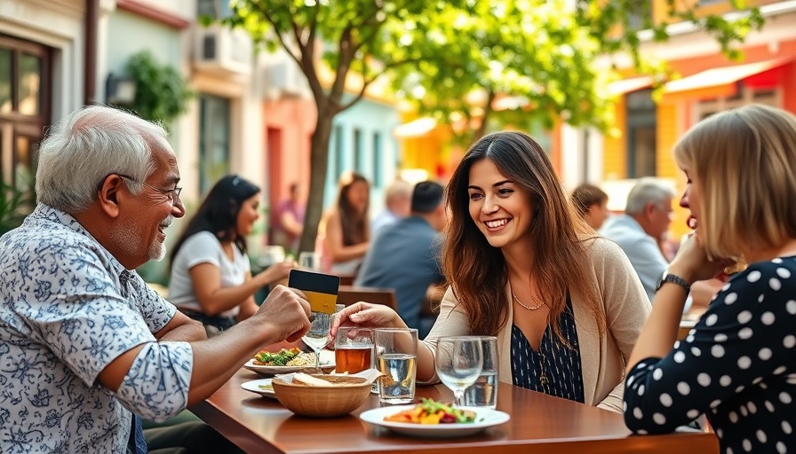 Friends dining outside, using Delta Amex monthly credit at cafe.