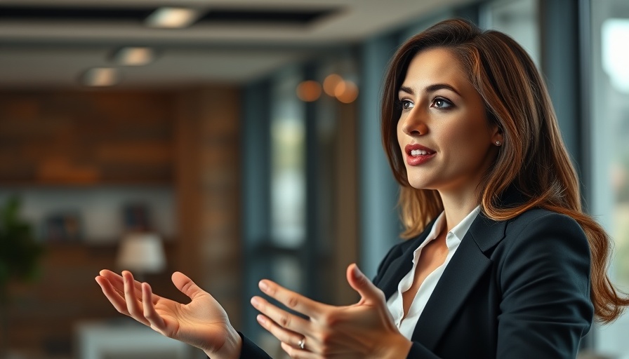 Confident woman presenting in a live audio streaming platform setting.