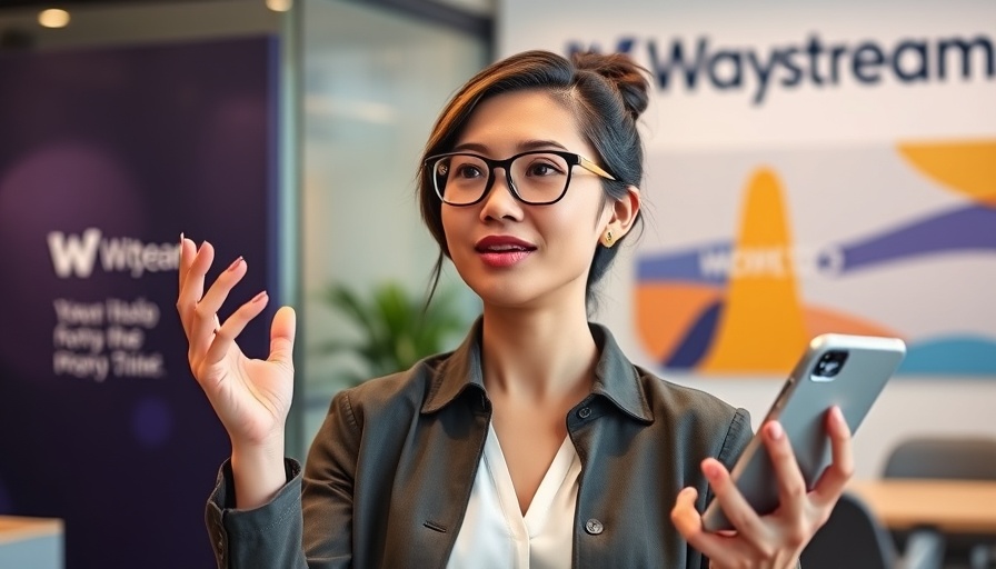 Confident woman promoting Waystream live audio streaming app.