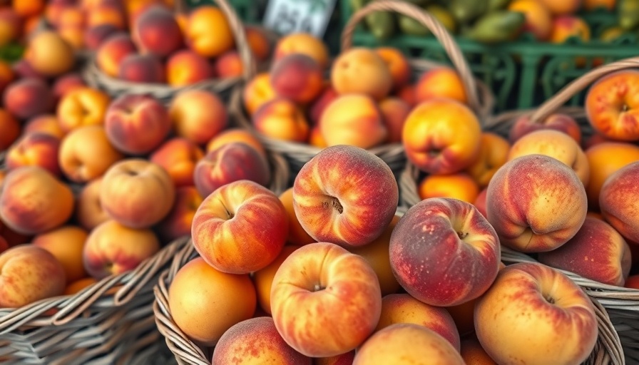 Baskets of fresh summer peaches at a market.
