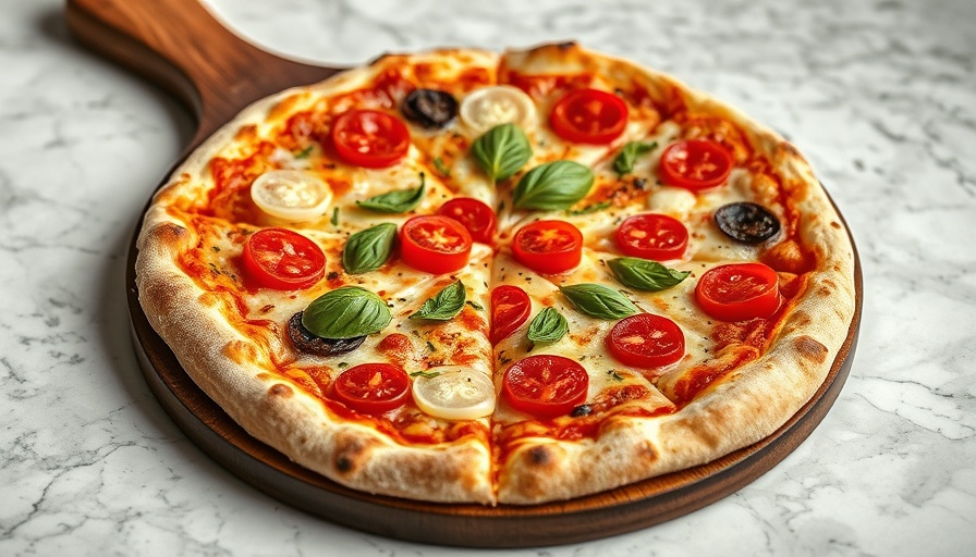 Artisanal pizza with vibrant toppings on wooden board.