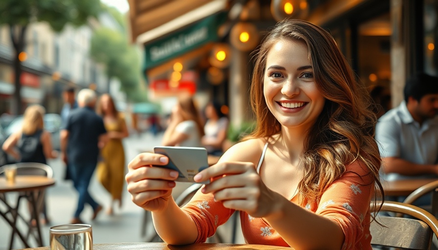 Woman using a credit card at an outdoor cafe, bright and lively setting.