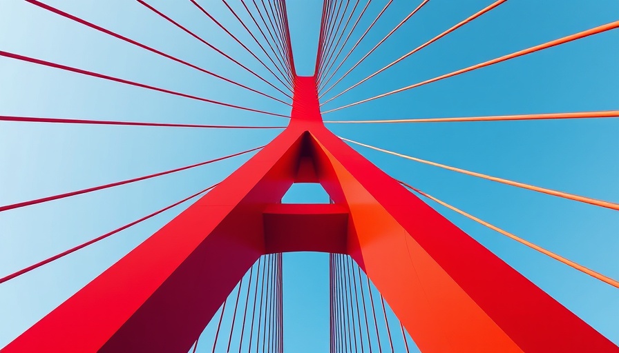 Dynamic view of modern red suspension bridge, clear blue sky, Agentic AI in Business Strategy.