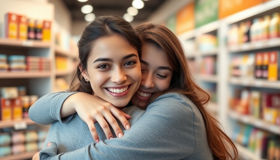 Smiling woman embracing customer in a store, identifying loyal customers.