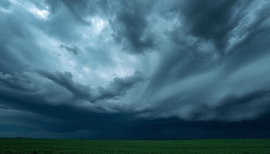 Cloud seeding technology depicted in dramatic stormy sky over a green field.
