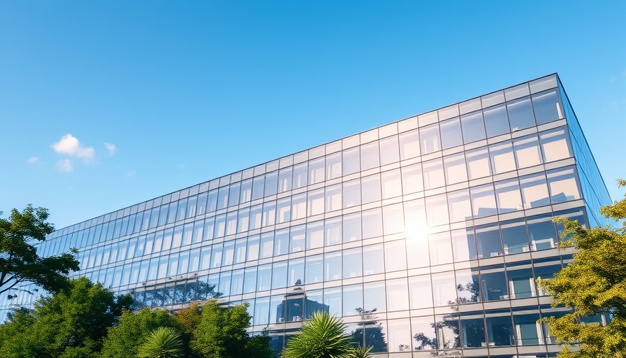 Modern glass office building under blue sky, daytime light.