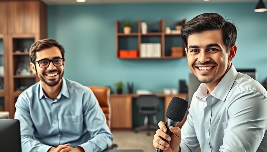 Two men video conferencing with smart window treatments in the background.