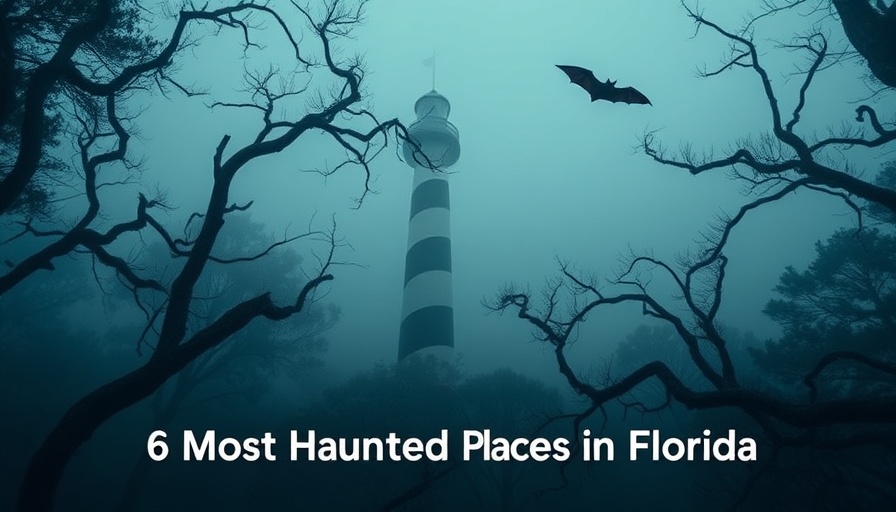 Haunted Places in Florida: foggy forest with lighthouse and bat.